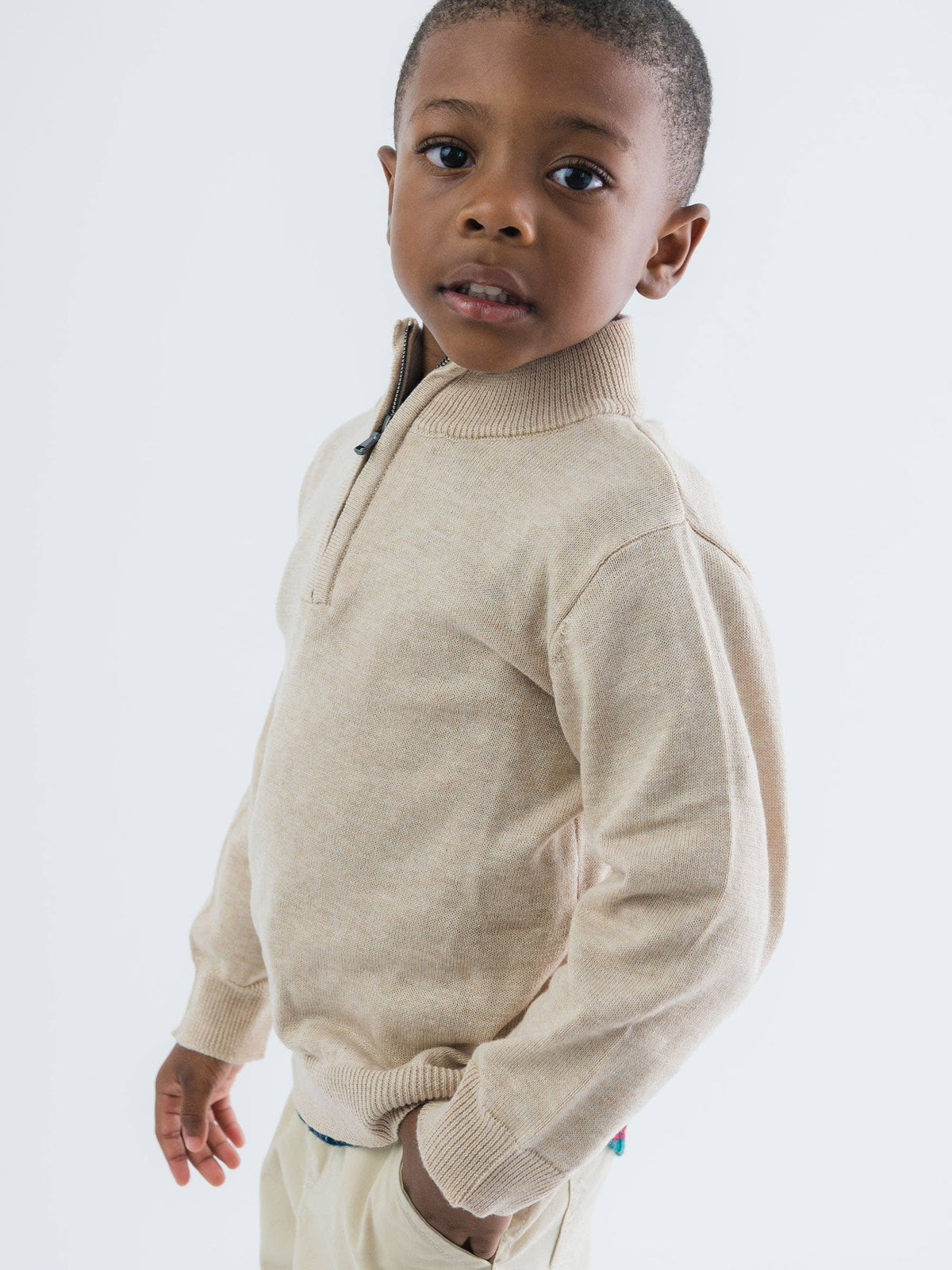 RuffleButts + RuggedButts - Boys Heather Oatmeal Quarter-Zip Sweater: Off-White / 5 RuffleButts + RuggedButts