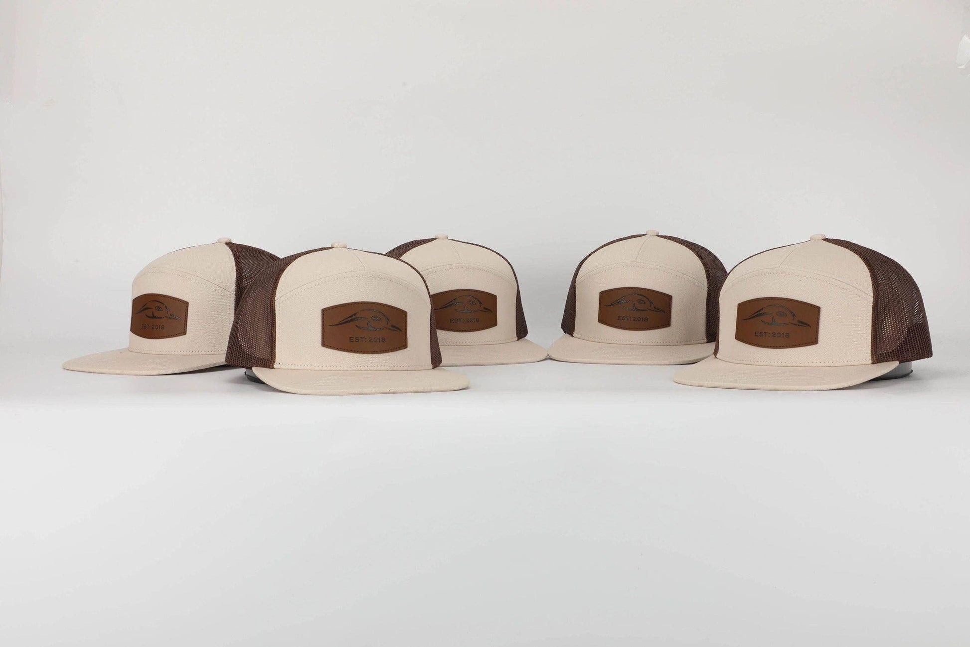 American Flyway Waterfowl - AF Waterfowl Leather Patch Pale Khaki & Brown 7 Panel Trucker American Flyway Waterfowl