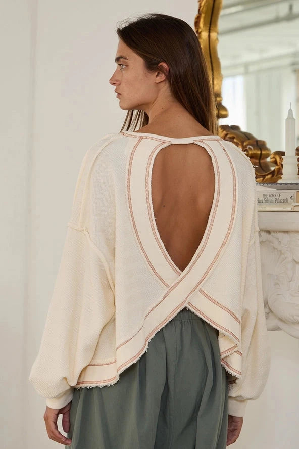 BUCKETLIST - T2397 Overlap Open Back Oversize Fit Reverse Stitched Top: CREAM / S-M-L (2-2-2) BUCKETLIST