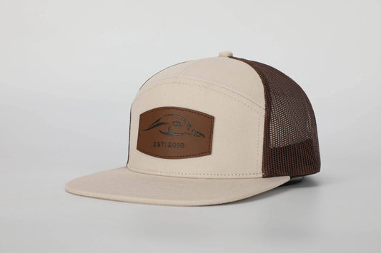 American Flyway Waterfowl - AF Waterfowl Leather Patch Pale Khaki & Brown 7 Panel Trucker American Flyway Waterfowl