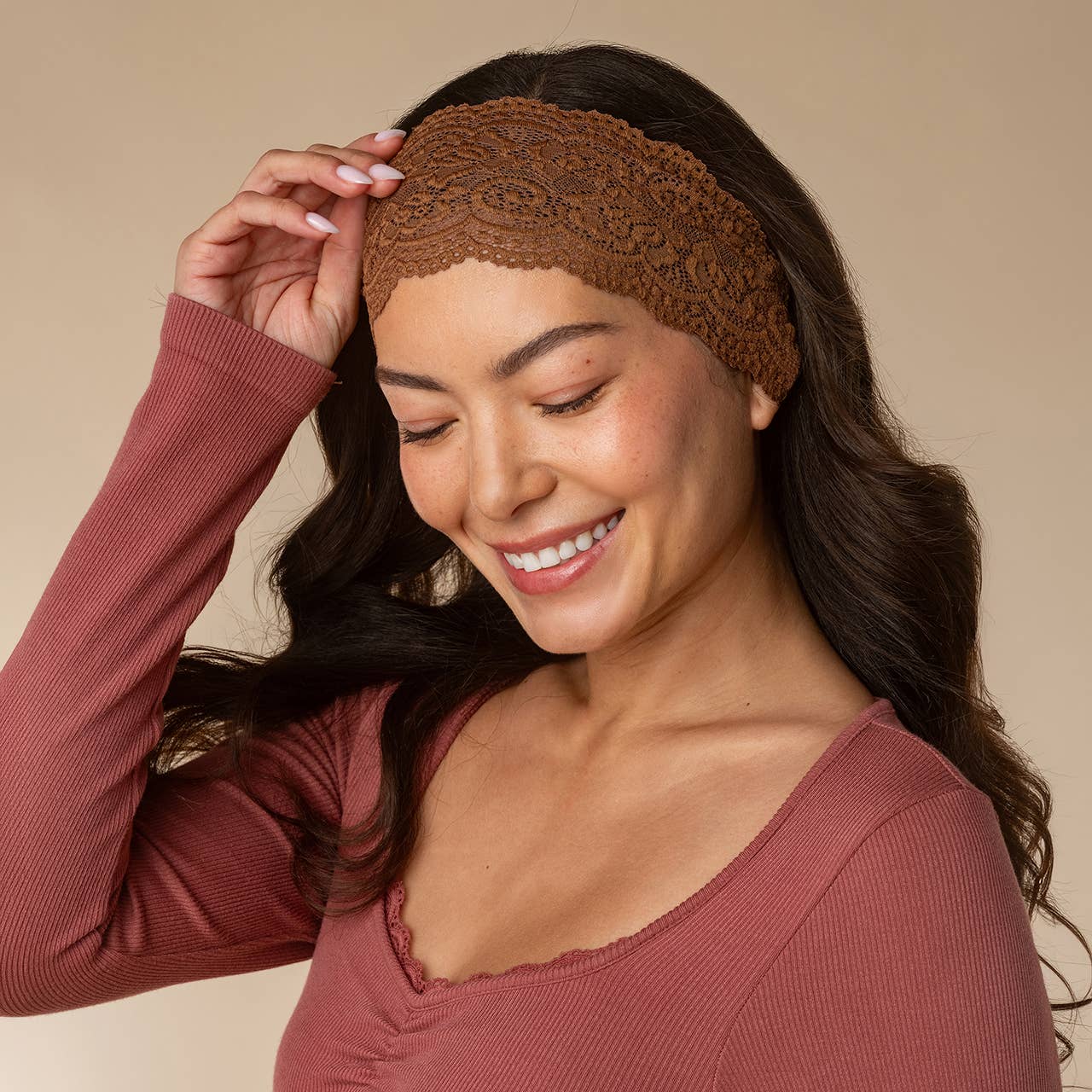 KITSCH - Wide Lace Elastic Headbands 2pc Set - Mocha & Chocolate KITSCH