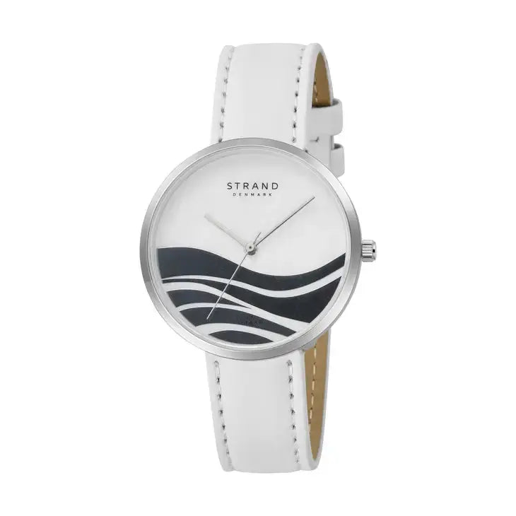 Ocean Waves With White Genuine Calf Strap Watch