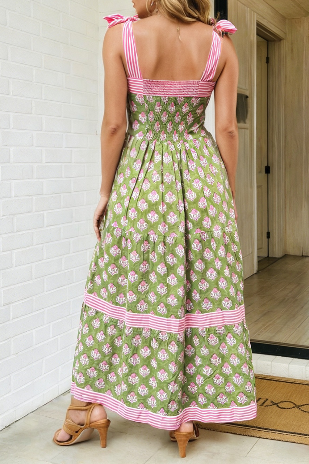 LA Society - LAS Floral Print Stripe Detail Knot Straps Maxi Dress (S-XL): Green / Missy / L LA Society