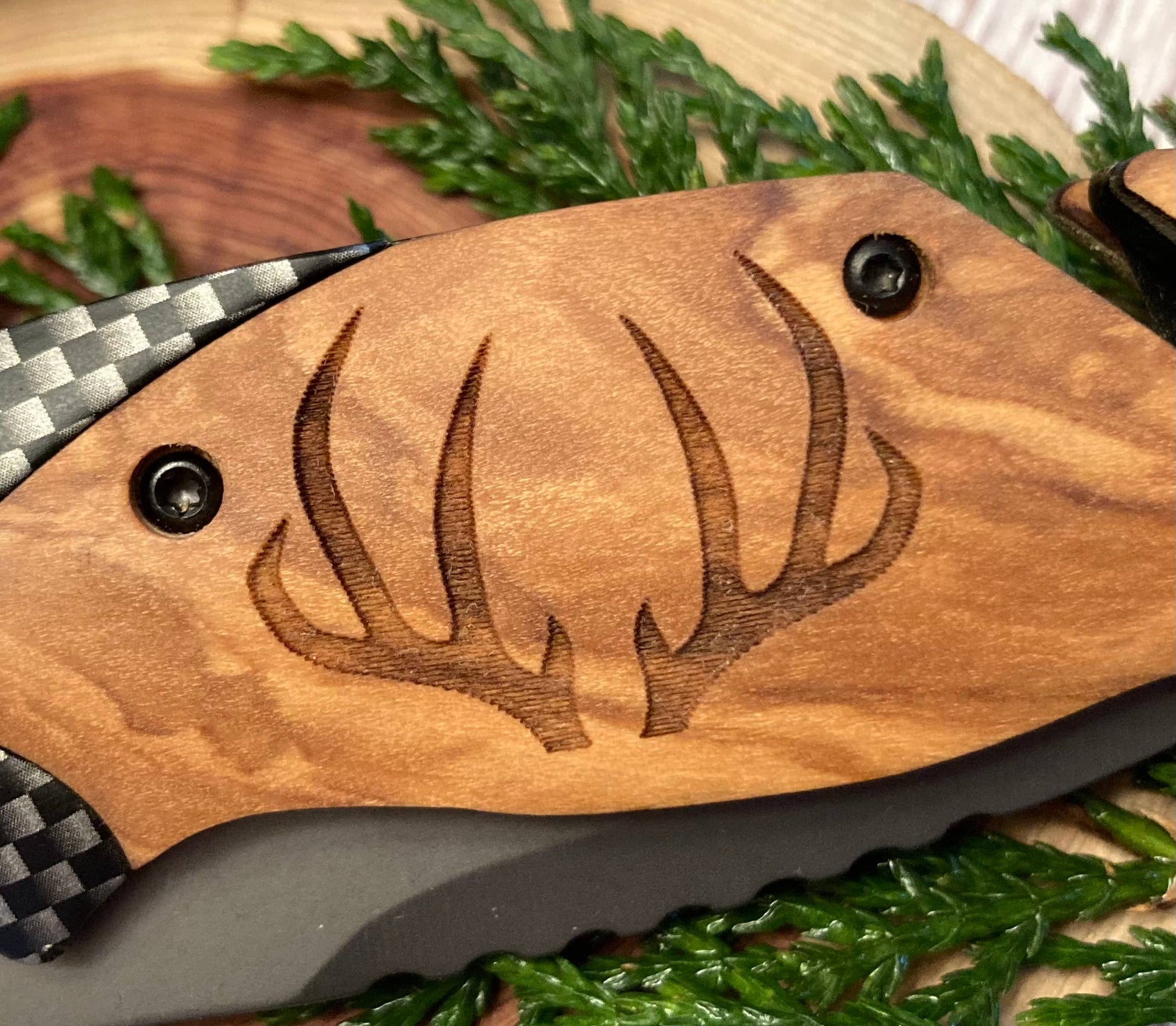 Quail Tail Laser Art - Deer Just Antlers Knife Quail Tail Laser Art