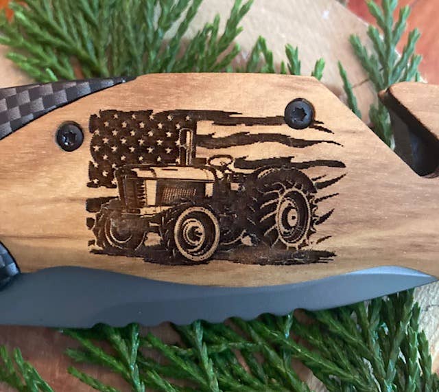 Quail Tail Laser Art - Farm Tractor on FLAG Knife Quail Tail Laser Art