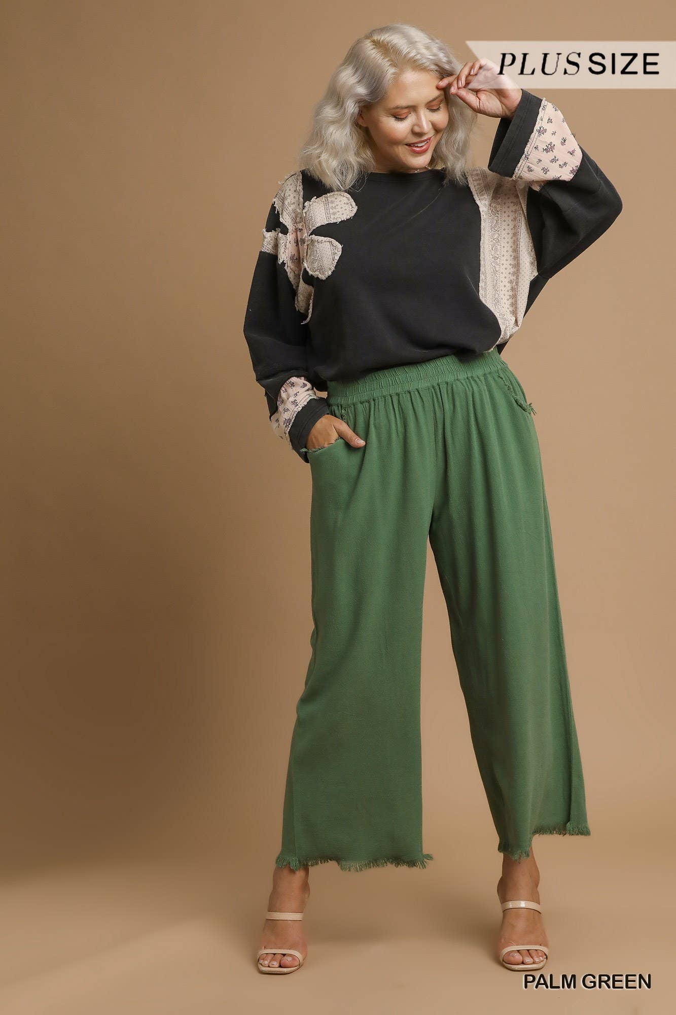 Vanilla Monkey - Plus Linen Blend Frayed Hem Wide Leg Pants: CHARCOAL / 3-2-1 (XL-1XL-2XL) Vanilla Monkey