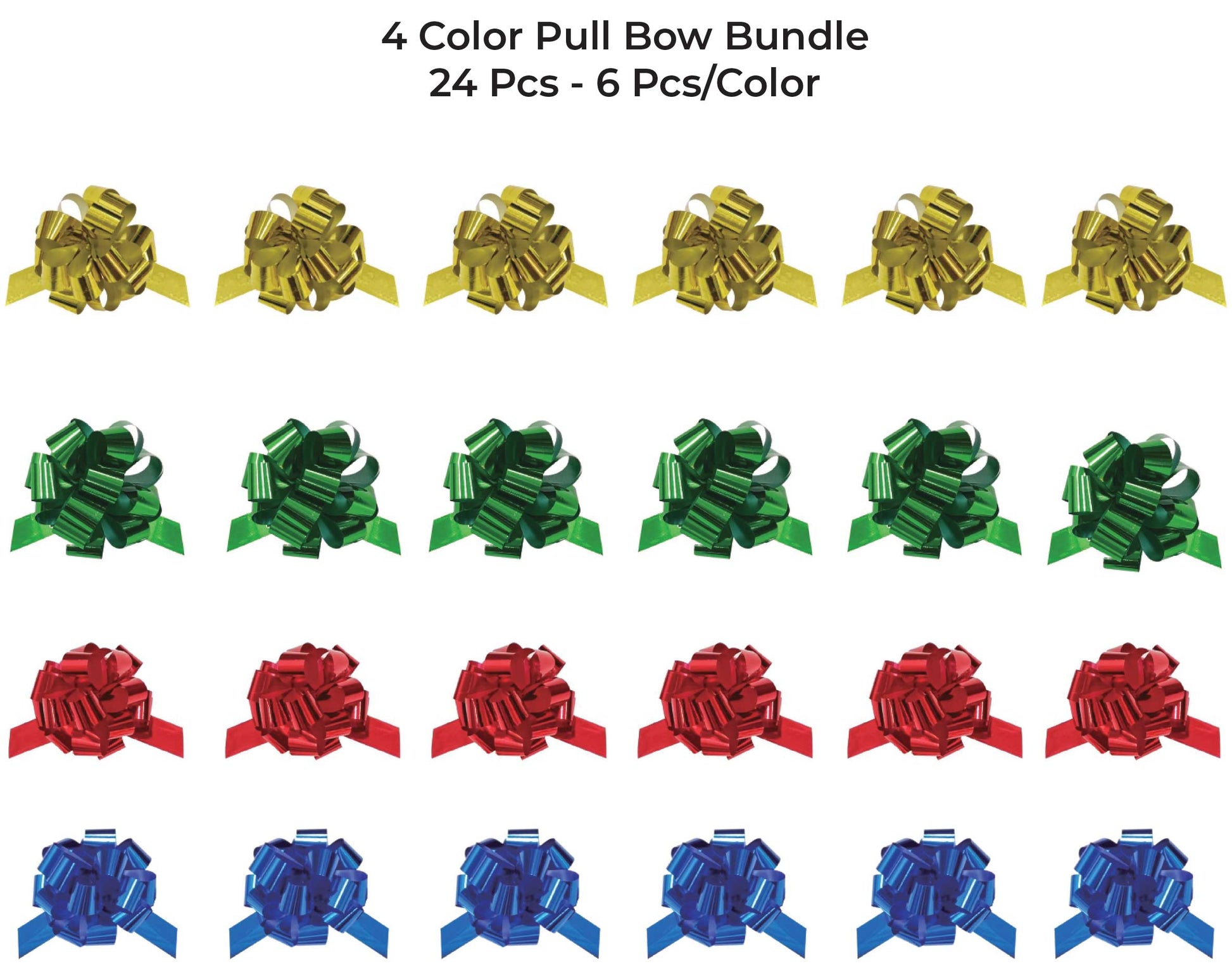 LA Ribbons Wholesale - 6" METALLIC PULL BOW BUNDLE -GOLD/BLUE/GREEN/RED: 12 PCS Bundle LA Ribbons Wholesale
