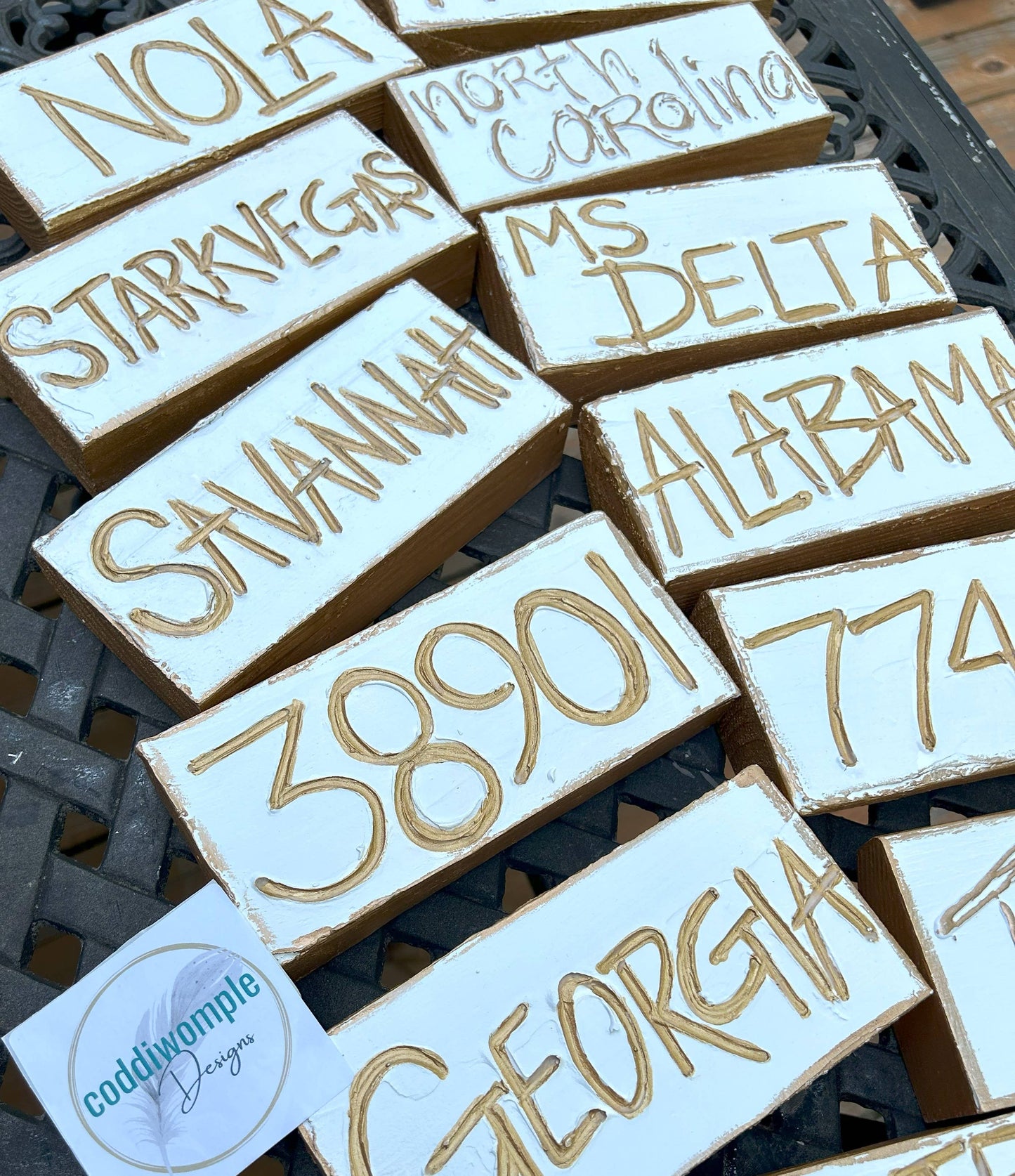 Coddiwomple - U.S. zip code - custom art block  hometown sports region : Farmhouse numbers (carved) Coddiwomple