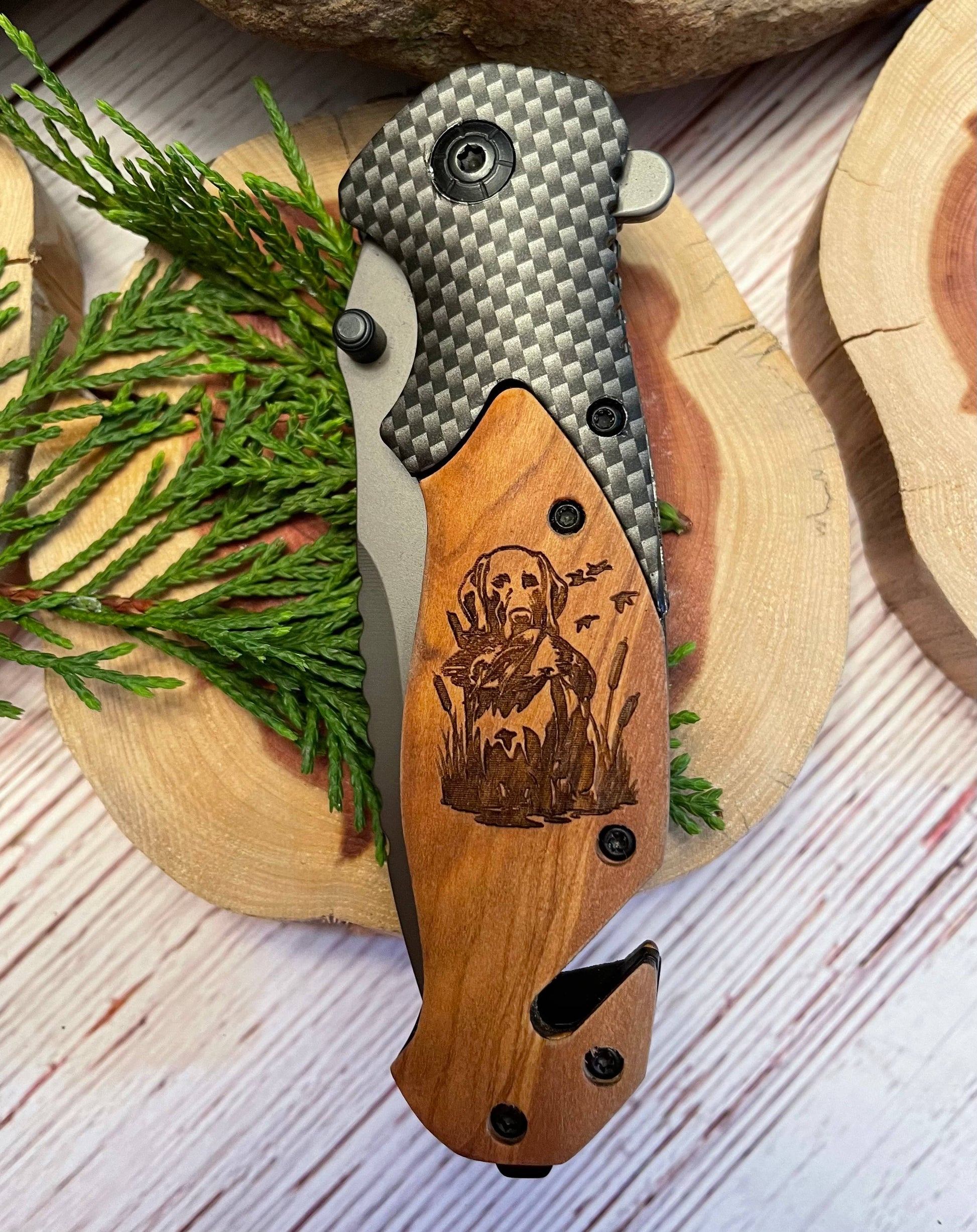 Quail Tail Laser Art - Duck Hunting (DOG & DUCK) Knife Quail Tail Laser Art