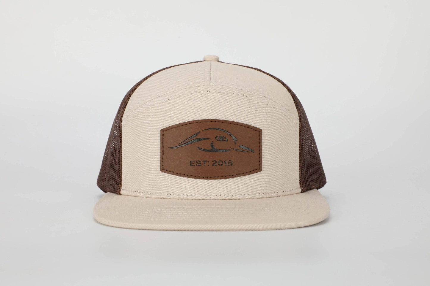 American Flyway Waterfowl - AF Waterfowl Leather Patch Pale Khaki & Brown 7 Panel Trucker American Flyway Waterfowl