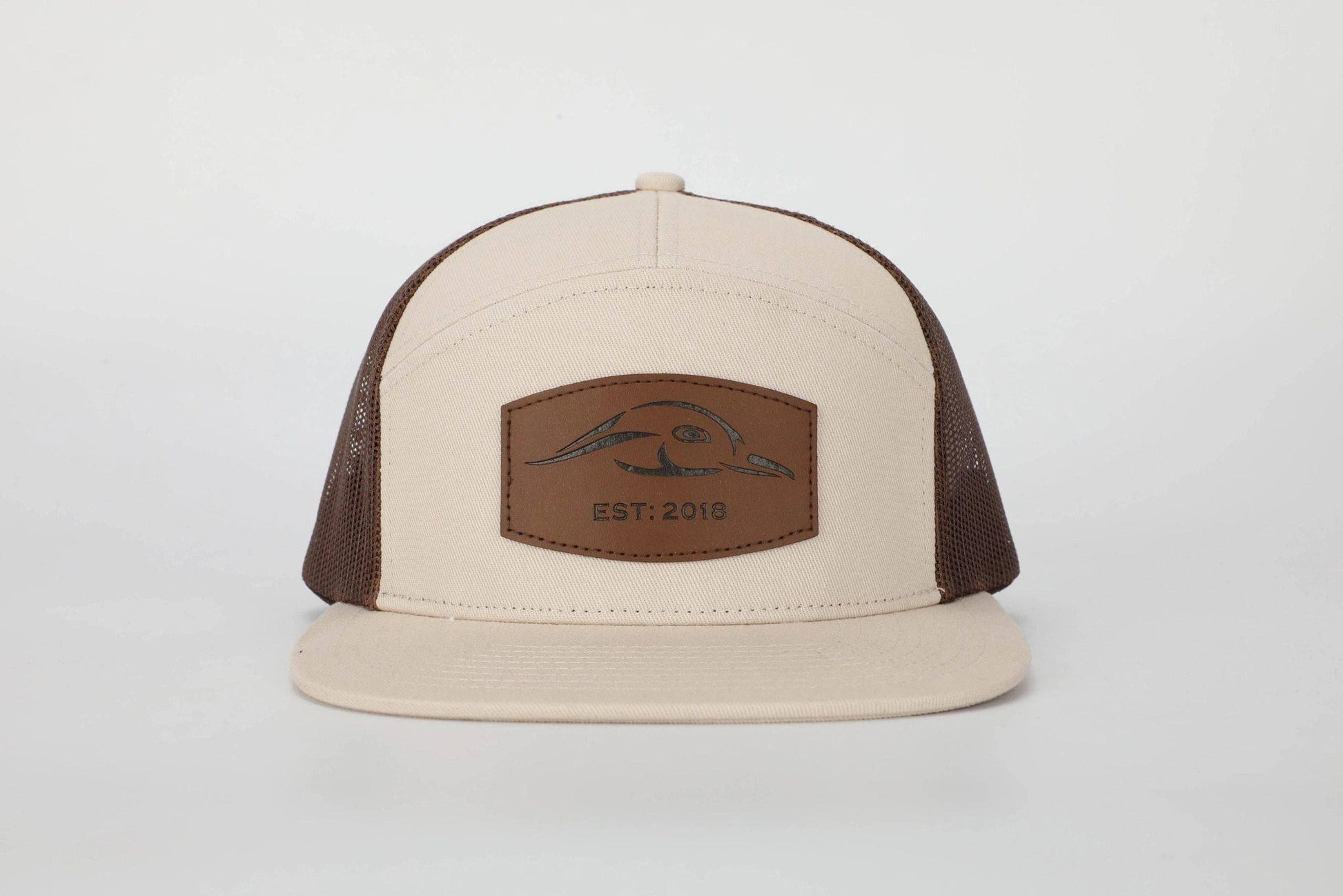 American Flyway Waterfowl - AF Waterfowl Leather Patch Pale Khaki & Brown 7 Panel Trucker American Flyway Waterfowl