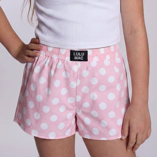 Girlie Girl Originals - LM-KSH-1008-Light Pink Polka Dot KIDS SHORTS: Light Pink / Youth Large Girlie Girl Originals