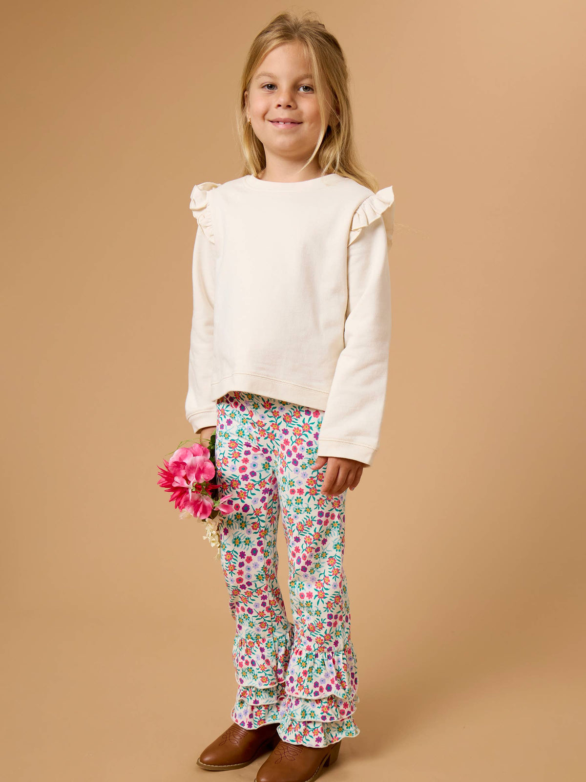 RuffleButts + RuggedButts - Girls Ivory Knit Flutter Sweatshirt: Off-White / 8 RuffleButts + RuggedButts