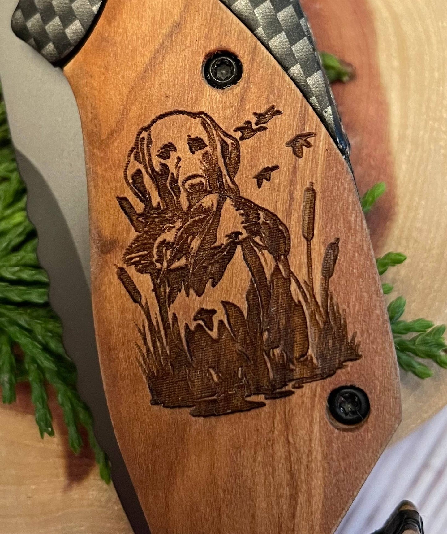 Quail Tail Laser Art - Duck Hunting (DOG & DUCK) Knife Quail Tail Laser Art