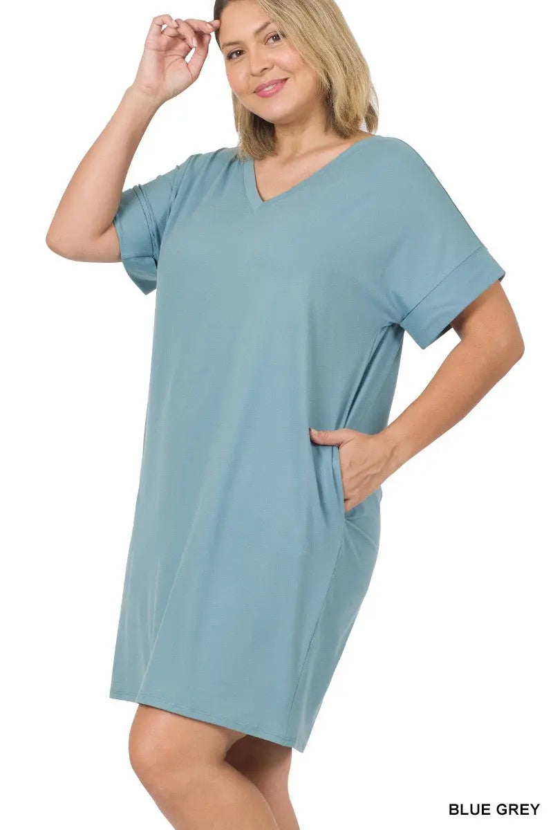 PLUS BRUSHED DTY ROLLED SHORT SLEEVE V-NECK DRESS zenana