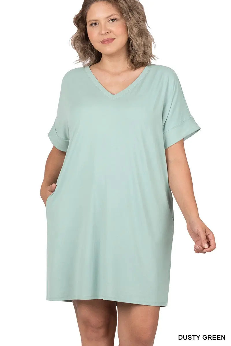 PLUS BRUSHED DTY ROLLED SHORT SLEEVE V-NECK DRESS zenana