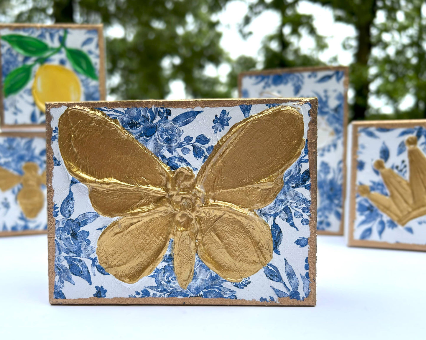 Coddiwomple - Chinoiserie Art Blocks |  botanicals blue white bridal tea: 4x5 butterfly Coddiwomple