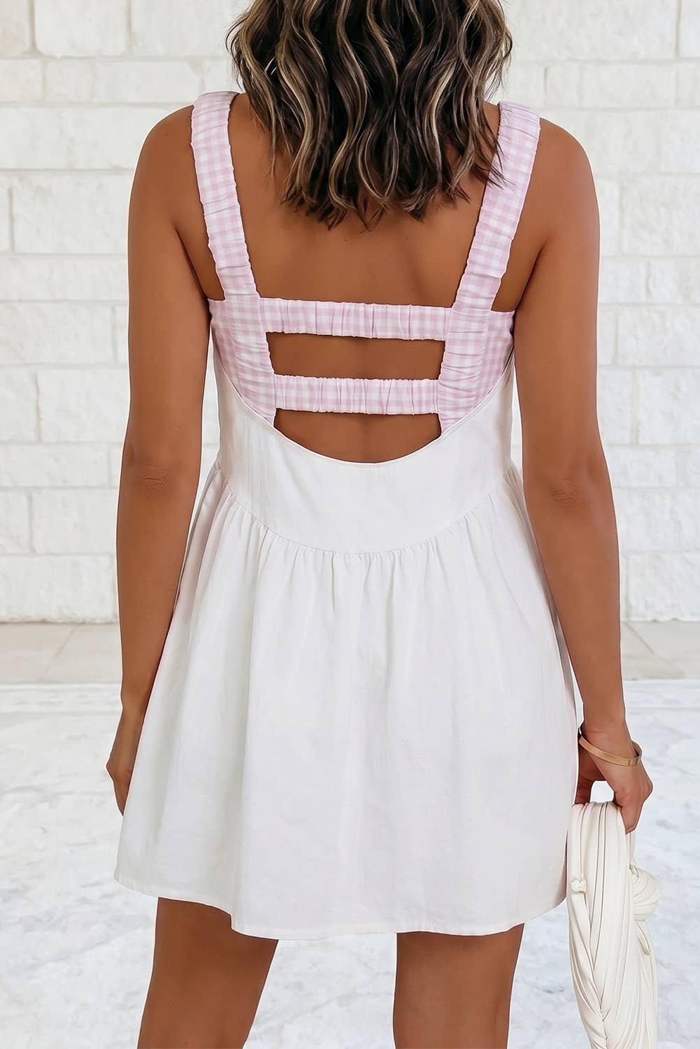 1 the Woman - Faux 2 Pc Gingham Contrast Patchwork Loose Mini Dress: White / S 1 the Woman