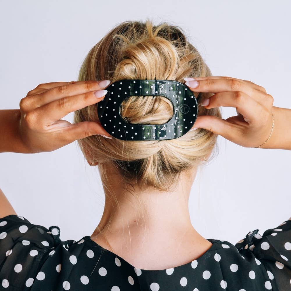 TELETIES - Black Polka Dot Party Large Flat Round Hair Clip TELETIES