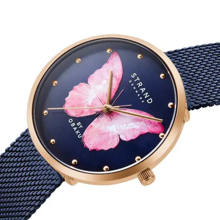 Pink Butterfly, Ocean Blue & Rose Gold Mesh Watch