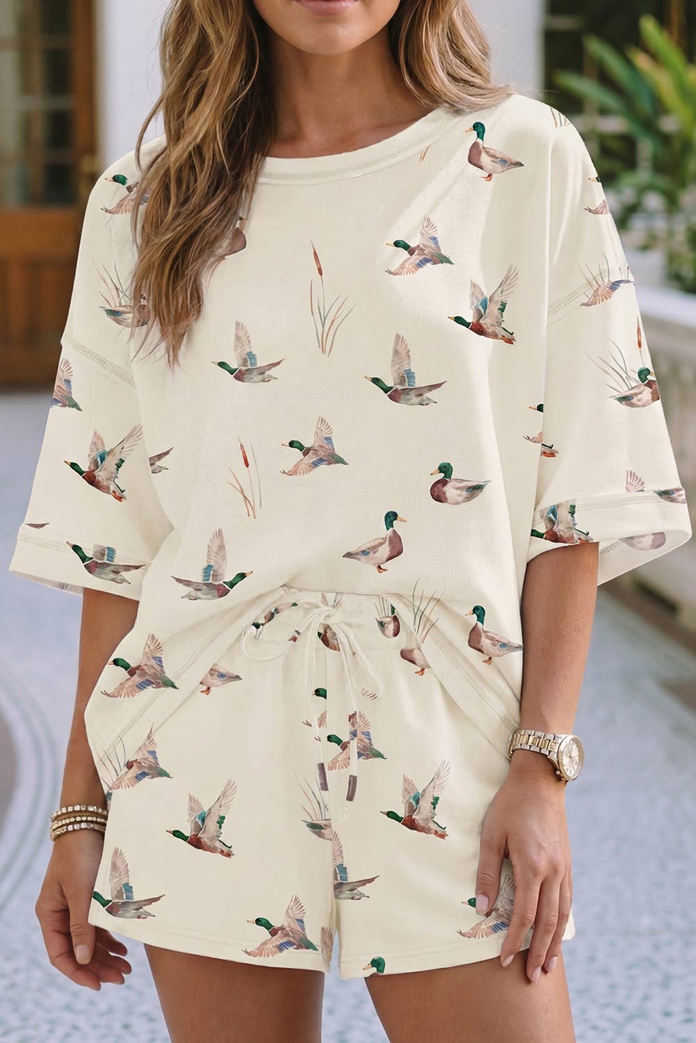 Little Daisy Closet - LDC Shift High Waist Mallard Duck Print Short Sleeve Set: Beige / XL Little Daisy Closet