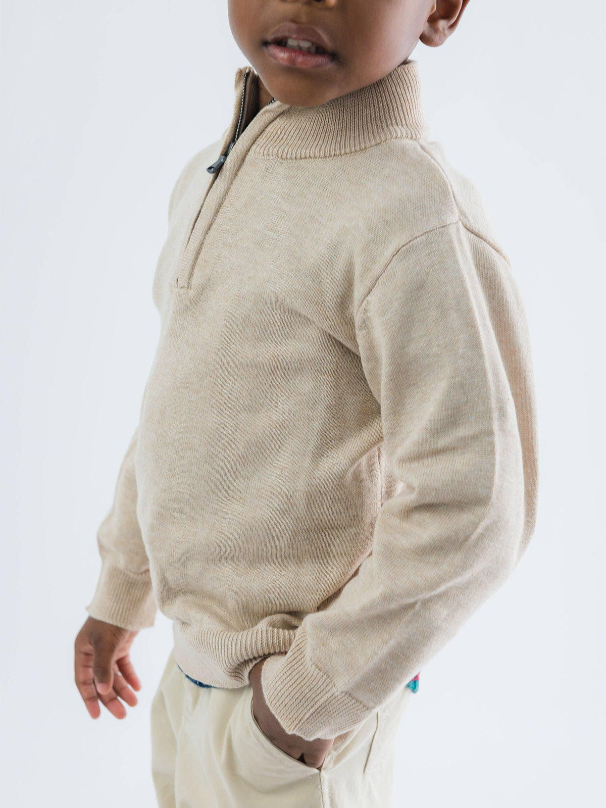RuffleButts + RuggedButts - Boys Heather Oatmeal Quarter-Zip Sweater: Off-White / 5 RuffleButts + RuggedButts