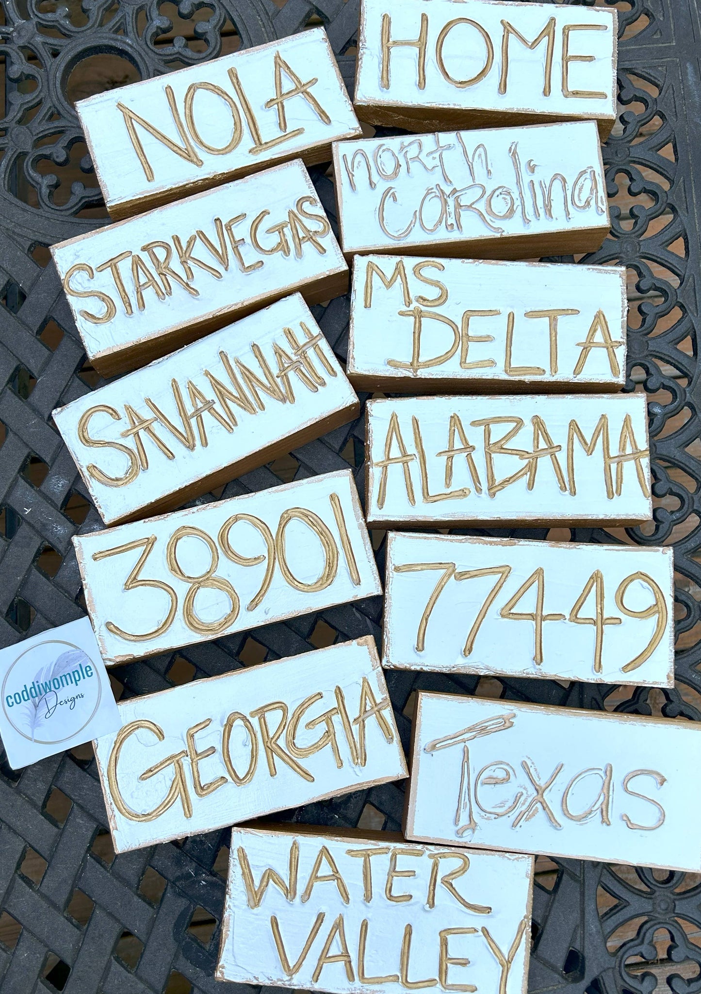 Coddiwomple - U.S. zip code - custom art block  hometown sports region : Farmhouse numbers (carved) Coddiwomple