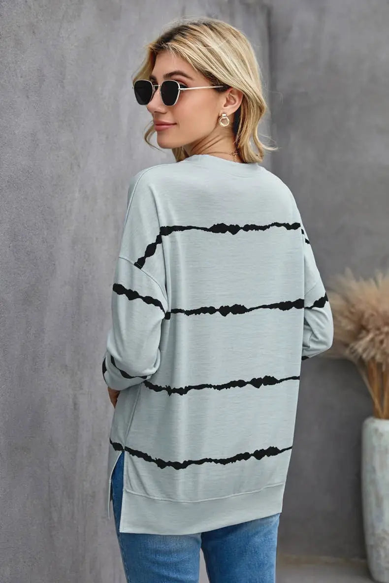 Long Sleeve Crewneck Sweatshirt Striped Printed Pullover