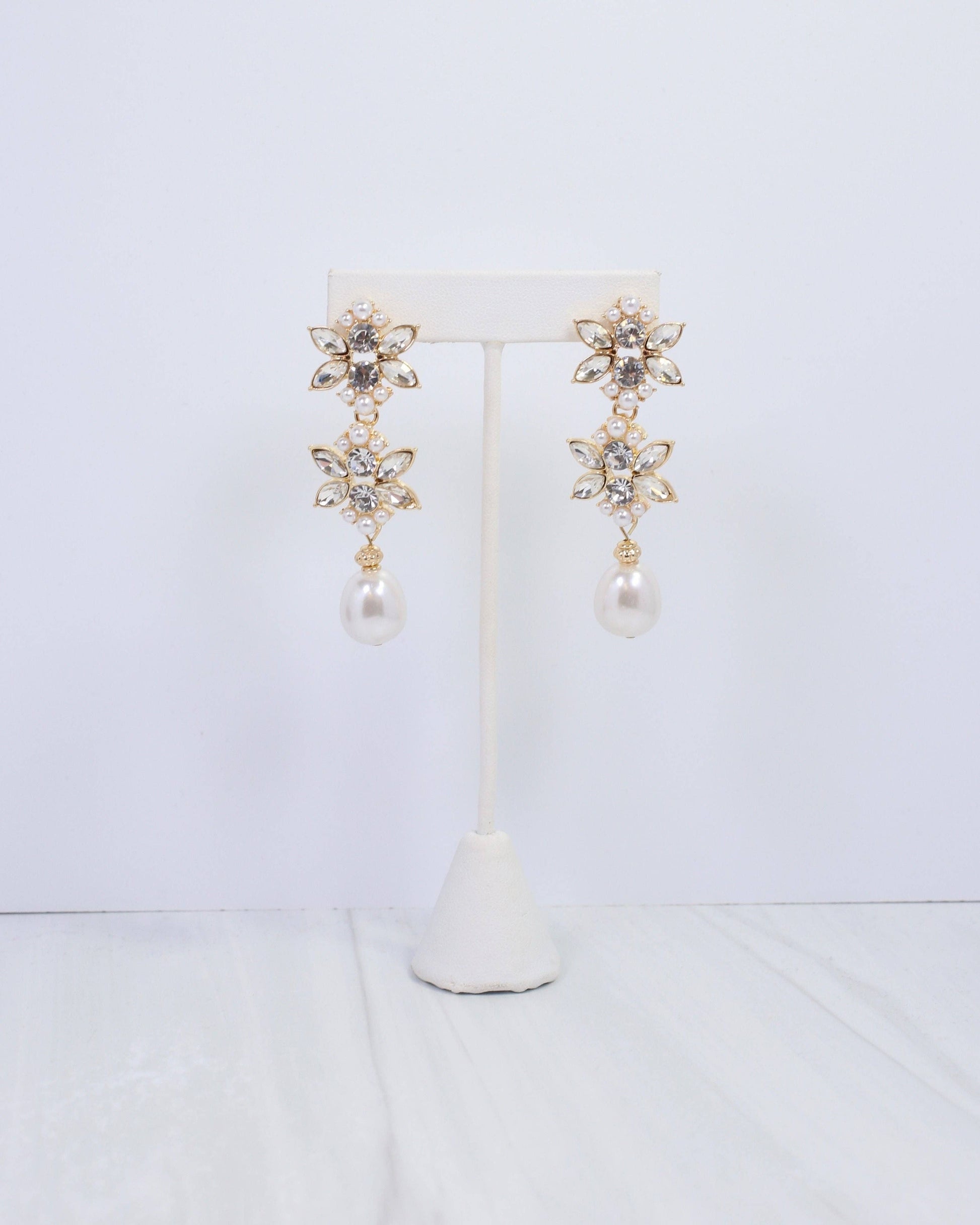 Caroline Hill - Rosebery Crystal and Pearl Drop Earring Gold: Default Caroline Hill