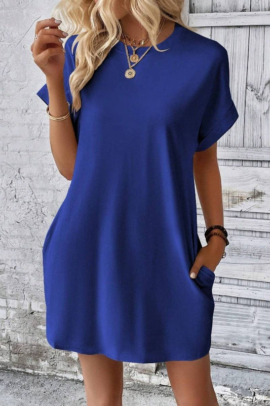 NINEXIS - CWDSD3628_SOLID COLOR ROUND NECK LOOSE POCKET SHORT DRESS: Blue / (M) 1 NINEXIS