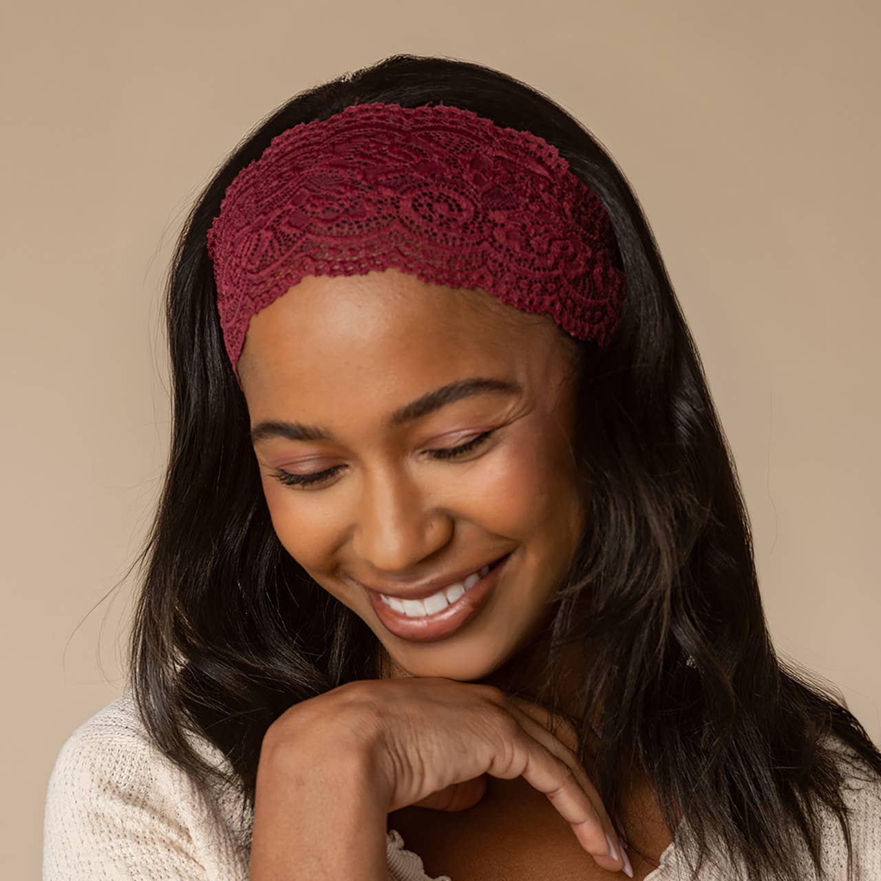 KITSCH - Wide Lace Elastic Headbands 2pc Set - Cherry Lacquer & Dusty Pink KITSCH