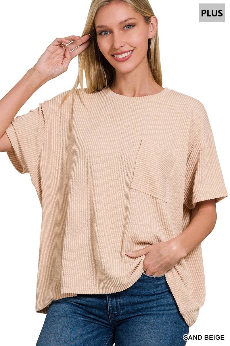 Vanilla Monkey - Plus Raised Rib Short Sleeve Front Pocket Top: DUSTY BLUE / 3-2(1X/2X-2X/3X) Vanilla Monkey