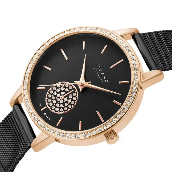 Isla Night Rose Gold Black Swarovski Crystal Mesh Watch