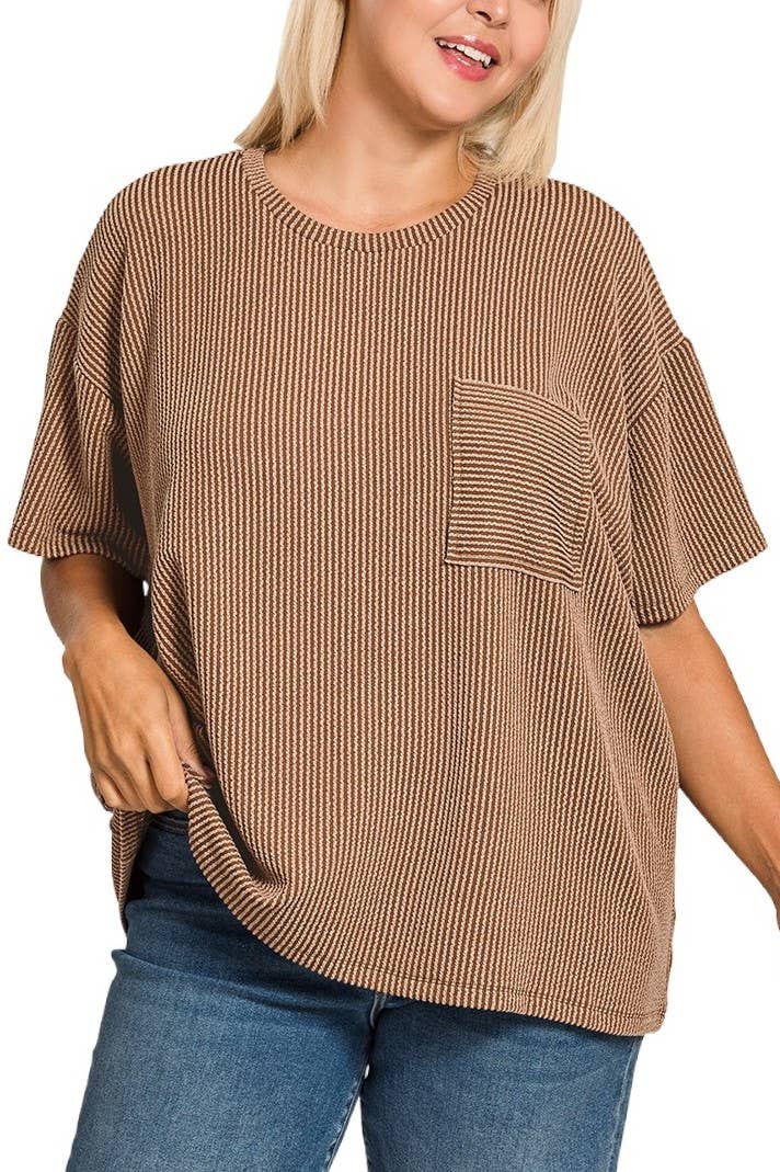 Vanilla Monkey - Plus Raised Rib Short Sleeve Front Pocket Top: BROWN / 3-2(1X/2X-2X/3X) Vanilla Monkey