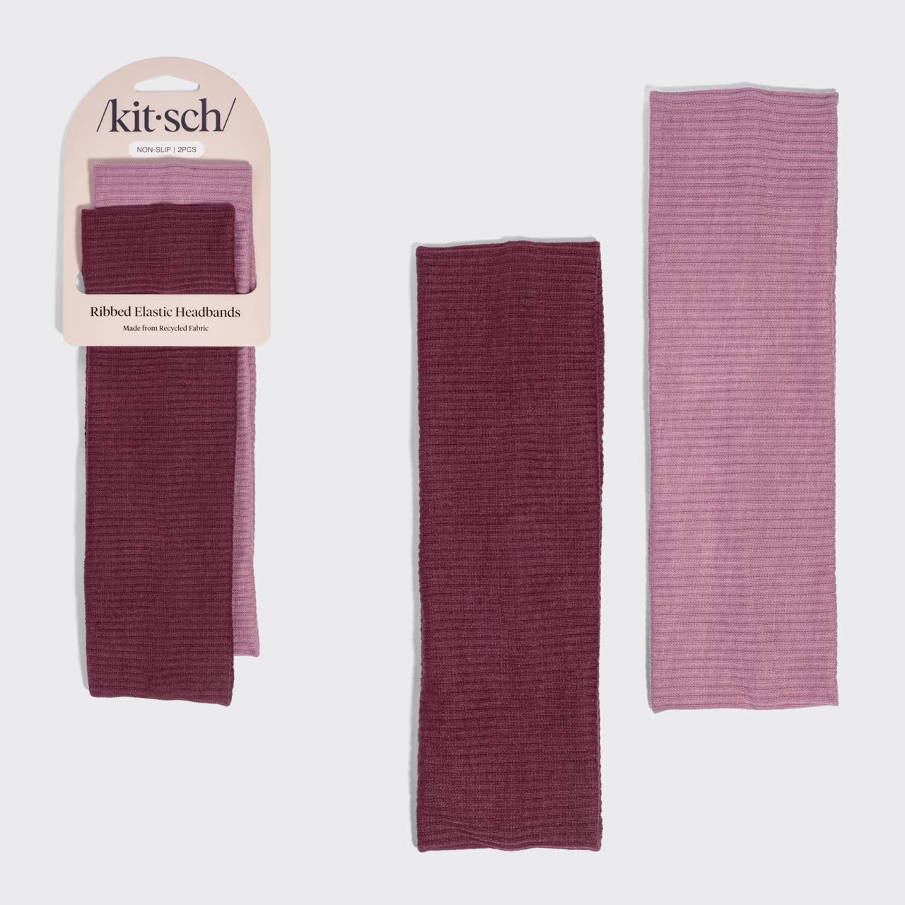 KITSCH - Recycled Fabric Ribbed Elastic Headbands 2pc Set - Cherry Lacquer & Dusty Pink KITSCH