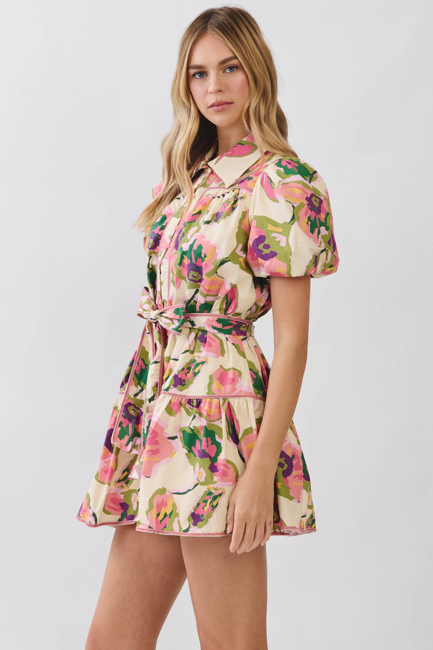 TCEC - CD07233-Floral Print Puff Sleeve Belted Dress: MULTI / L TCEC