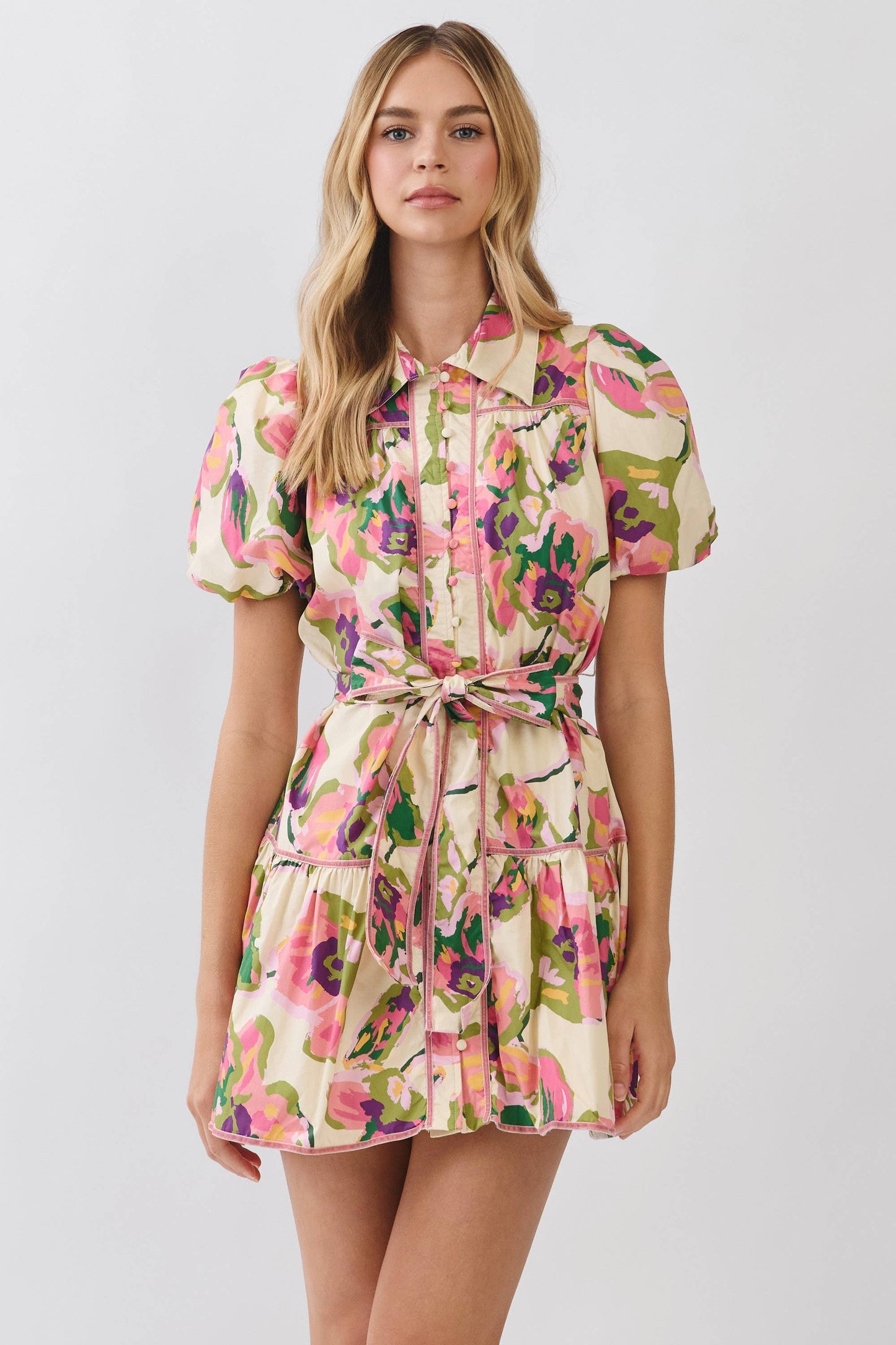 TCEC - CD07233-Floral Print Puff Sleeve Belted Dress: MULTI / L TCEC