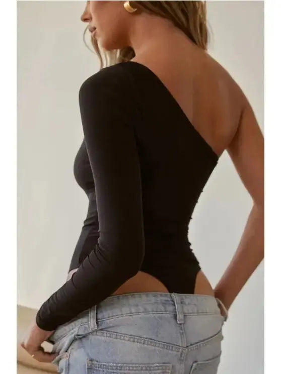 Solid One Shoulder Cut Out Long Sleeve Thong Lined Bodysuit