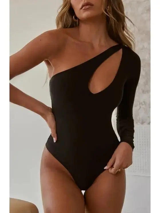 Solid One Shoulder Cut Out Long Sleeve Thong Lined Bodysuit