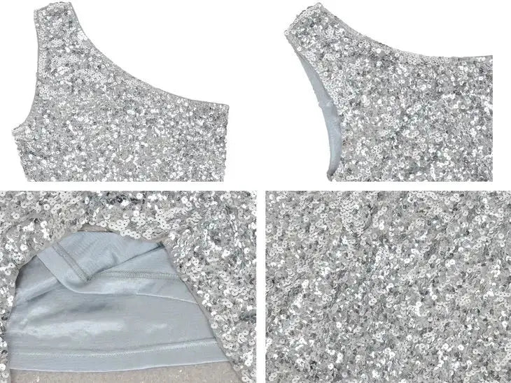 One Shoulder Sequin Stretchy Body Con Mini Dress