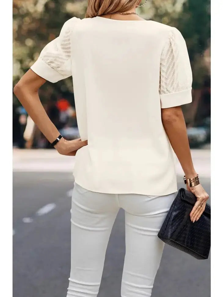 Southern V-Neck Sheer Puff Sleeve Elegant Blouse