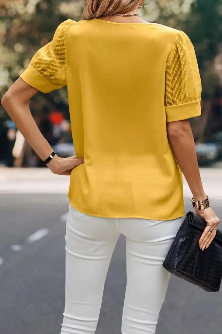 Southern V-Neck Sheer Puff Sleeve Elegant Blouse