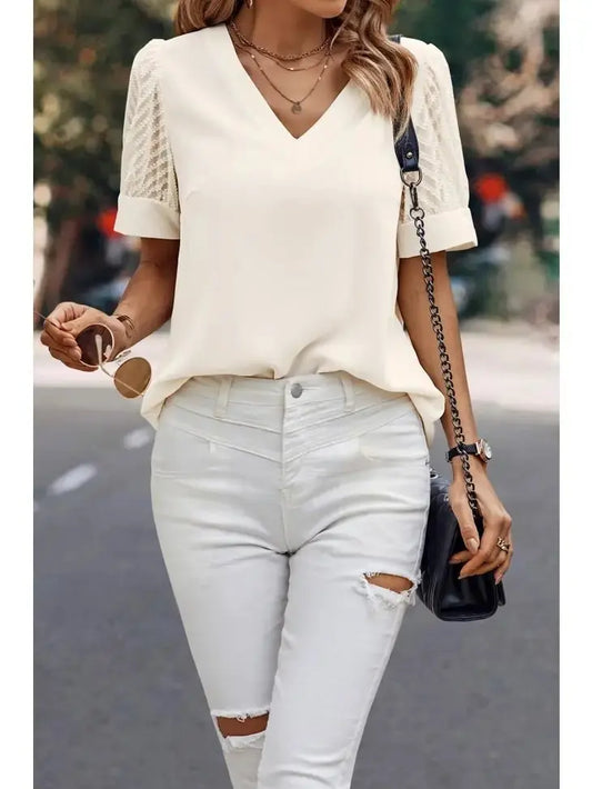 Southern V-Neck Sheer Puff Sleeve Elegant Blouse