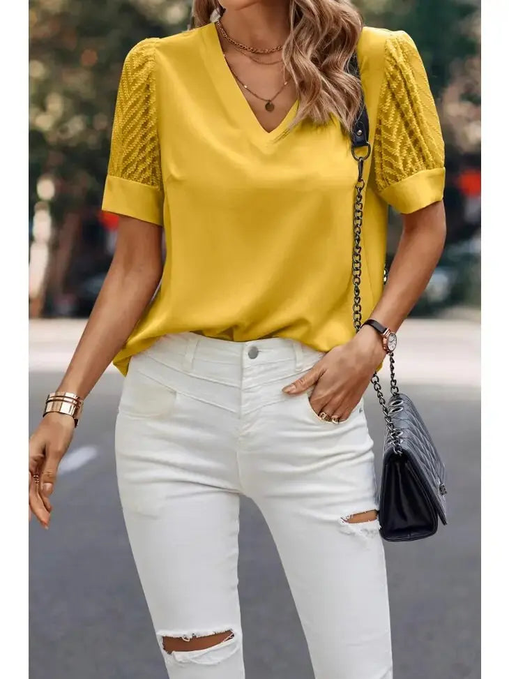 Southern V-Neck Sheer Puff Sleeve Elegant Blouse