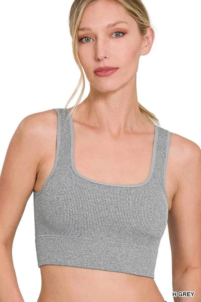 Ribbed Square Neck Cropped Tank Top With Bra Pads