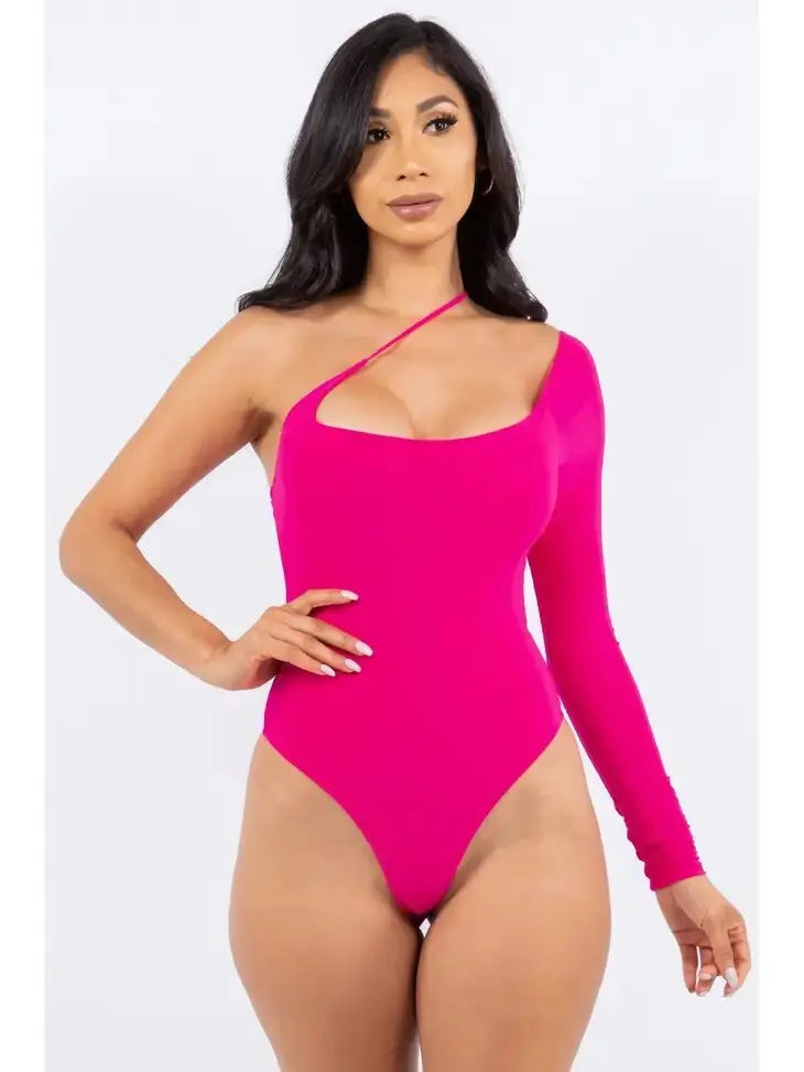 Solid One Shoulder Cut Out Long Sleeve Thong Lined Bodysuit