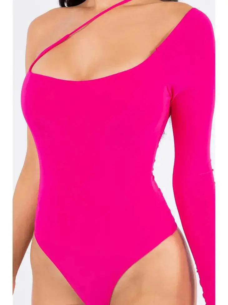 Solid One Shoulder Cut Out Long Sleeve Thong Lined Bodysuit