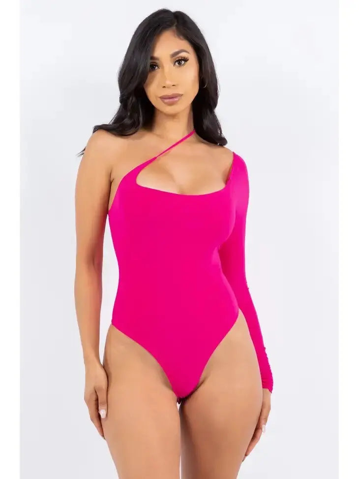 Solid One Shoulder Cut Out Long Sleeve Thong Lined Bodysuit