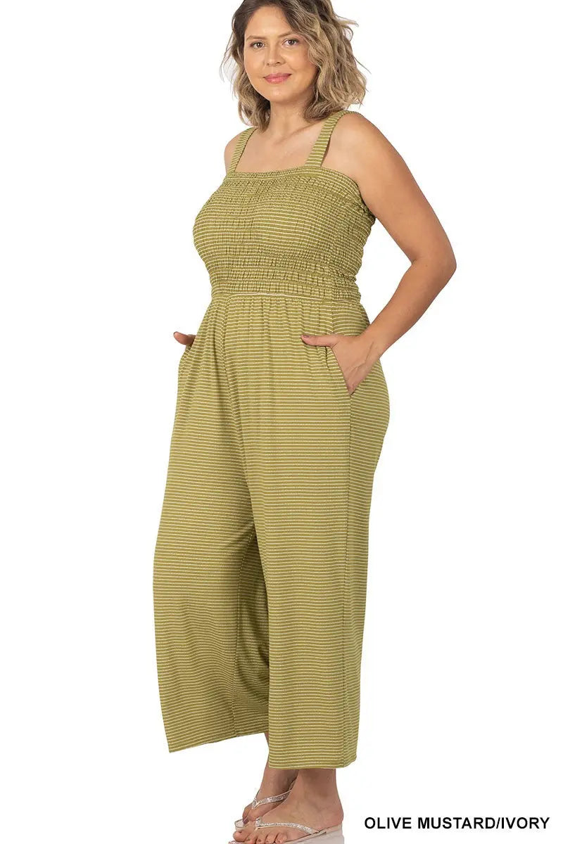 PLUS SMOCKED TOP STRIPED JUMPSUIT WITH POCKETS zenana