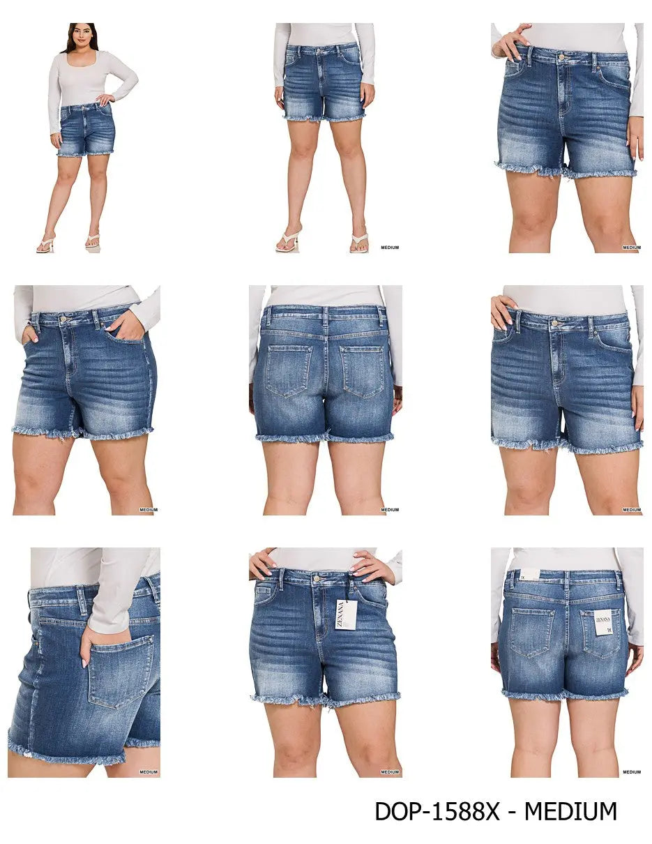 PLUS, MID RISE RAW FRAYED HEM DENIM SHORTS zenana